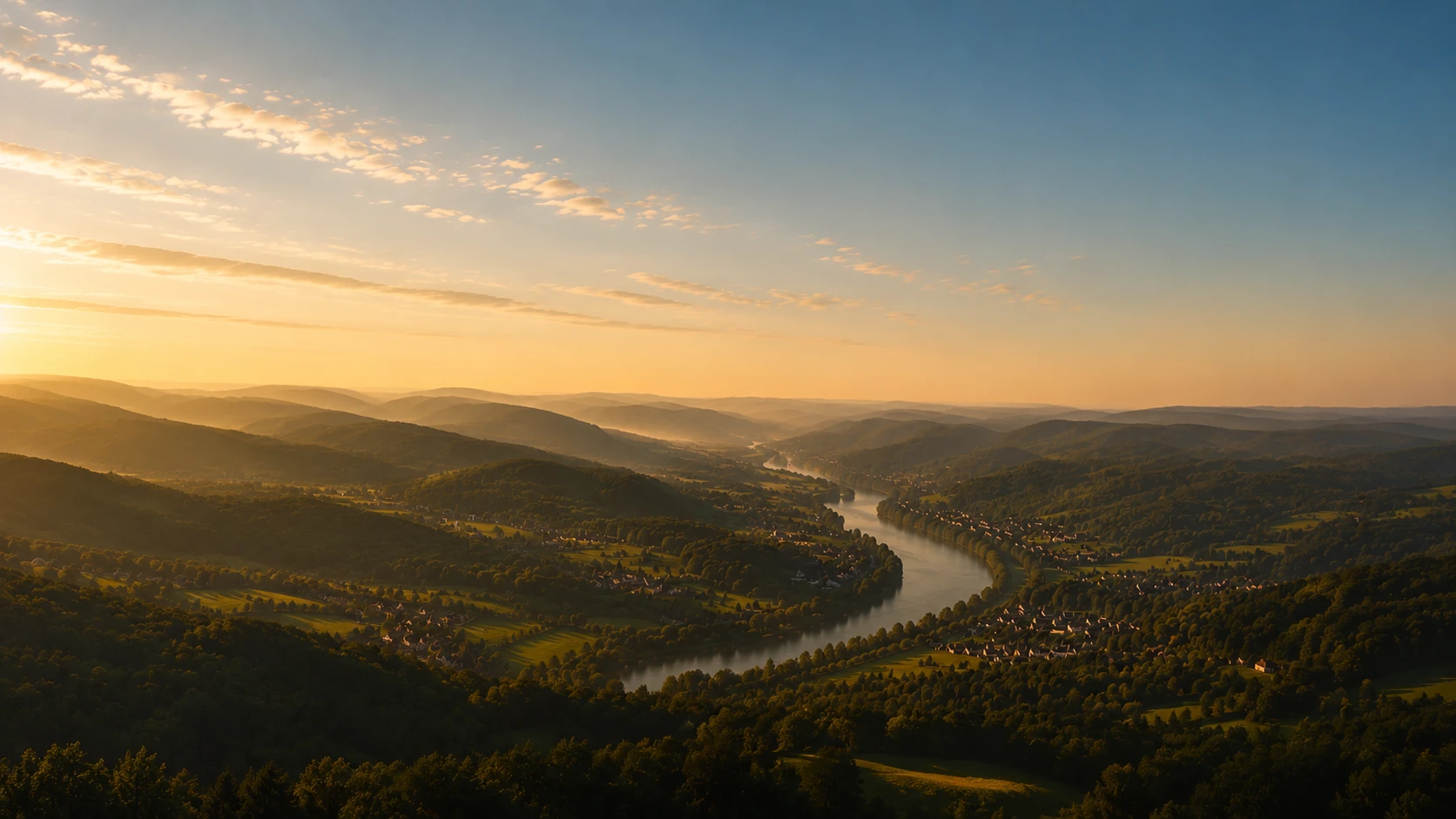 Bewaldete Hügel und Flusstal im Rhein-Sieg-Kreis bei Sonnenaufgang